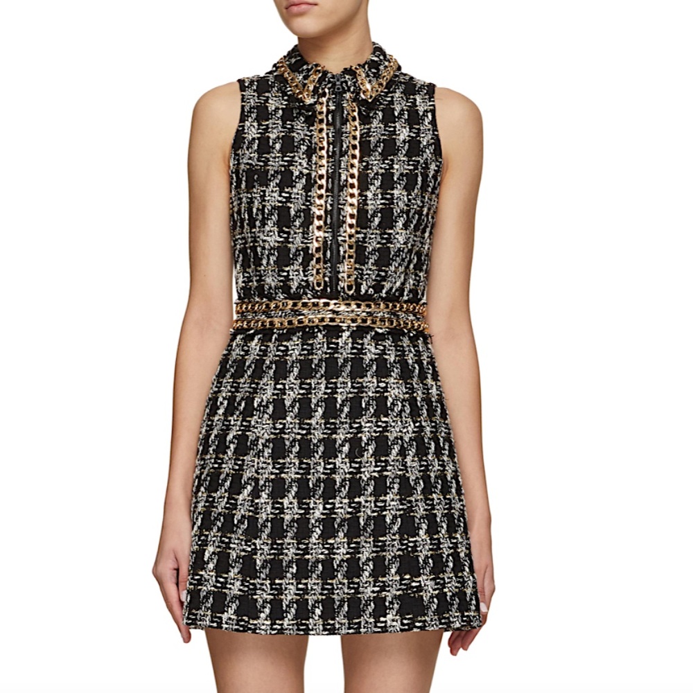 ALICE AND OLIVIA Ellis Chain-embellished Checked Tweed Mini Dress In Black,white